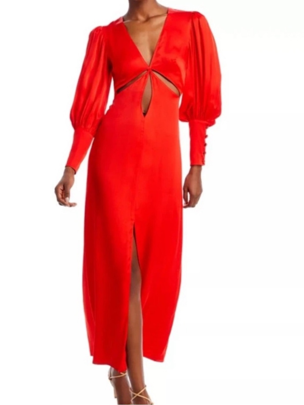 FARM Rio Red Cutout Maxi Dress | XS | Puff Sleeve | Side Slit | Worn Once